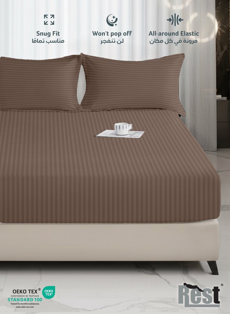 REST Stripe Fitted Sheet Set Single 90 x 190+20 cm + 2 Pillowcases 50 x 75 cm Brushed Microfiber Premium Durable Quality Deep Pocket for a Perfect Fit Shrinkage Fade Resistant Brown - Image 3